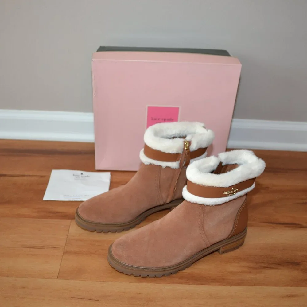 KATE SPADE NEW Bailee Faux Fur Lined Warm Gingerbread suede Ankle Booties 7.5